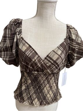 Truth Brown and Cream Plaid Smocked Waist Puff Sleeve Blouse